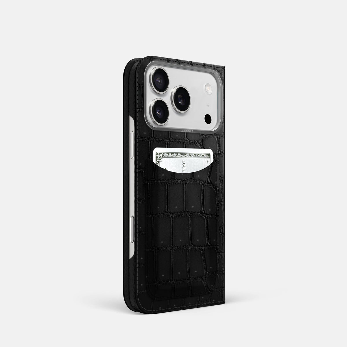 Folio Case with Card For iPhone 18 Pro In Porosus Crocodile -1 | Black-Steel