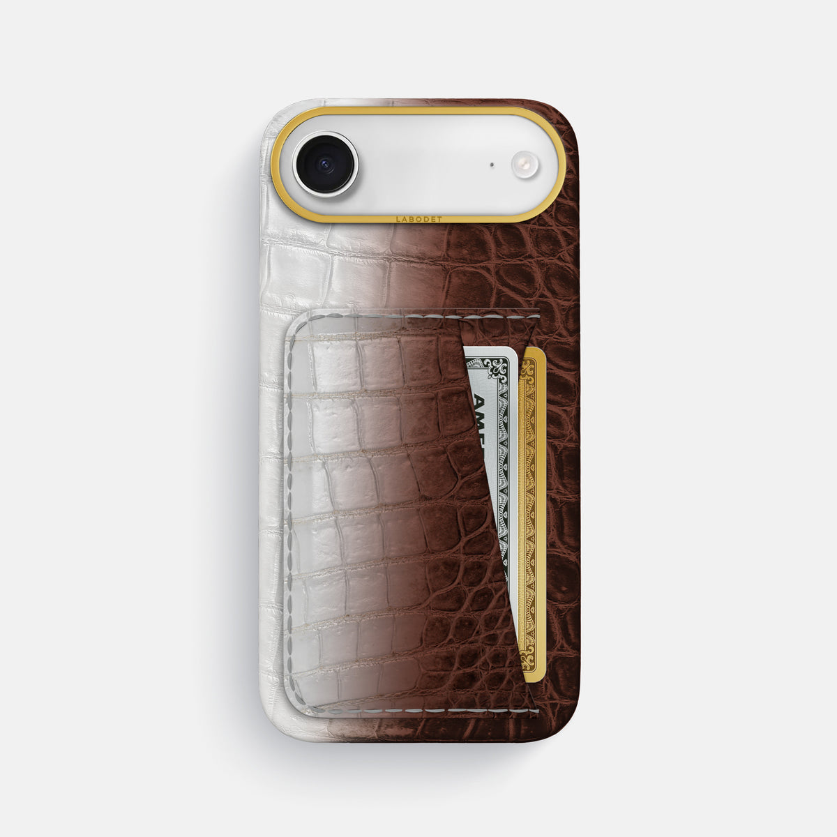 Double Card Case For iPhone 17 Air In Himalayan Crocodile -1 | Dark-Brown-Gold