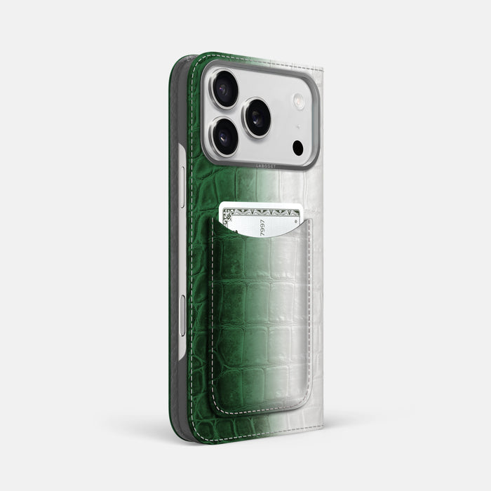 Folio Case with Card For iPhone 17 Pro Max In Himalayan Crocodile -1 | Green-Steel