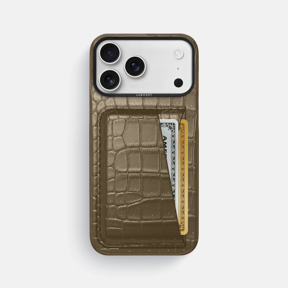 Double Card Case For iPhone 17 Pro Max In Porosus Crocodile -1 | Kaki-Green-Black