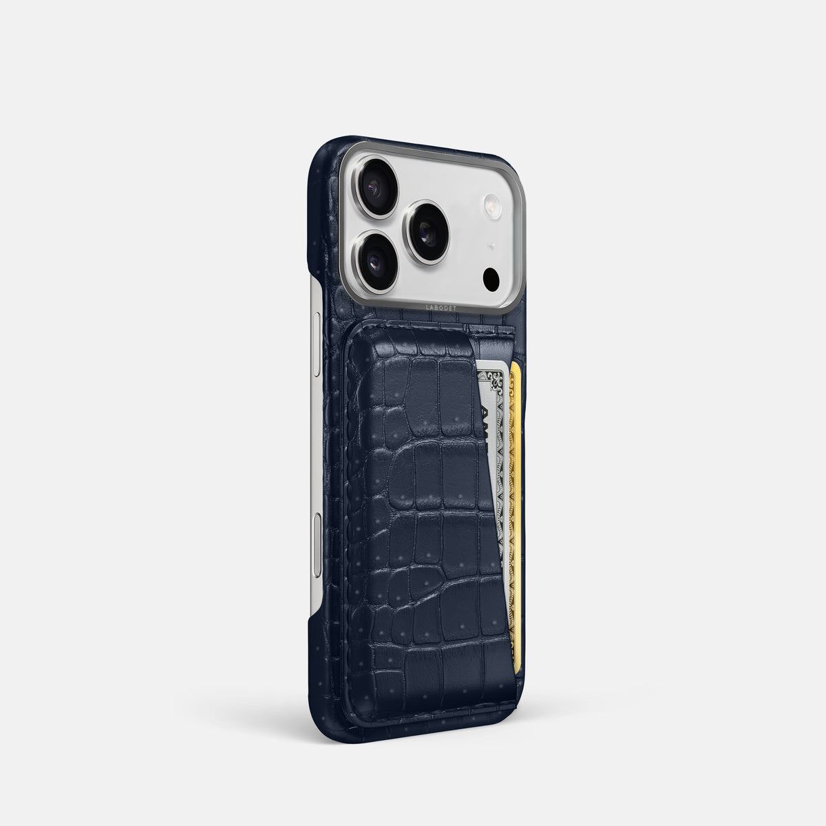 Double Card Case For iPhone 17 Pro In Porosus Crocodile -2 | Deep-Blue-Sea-Steel