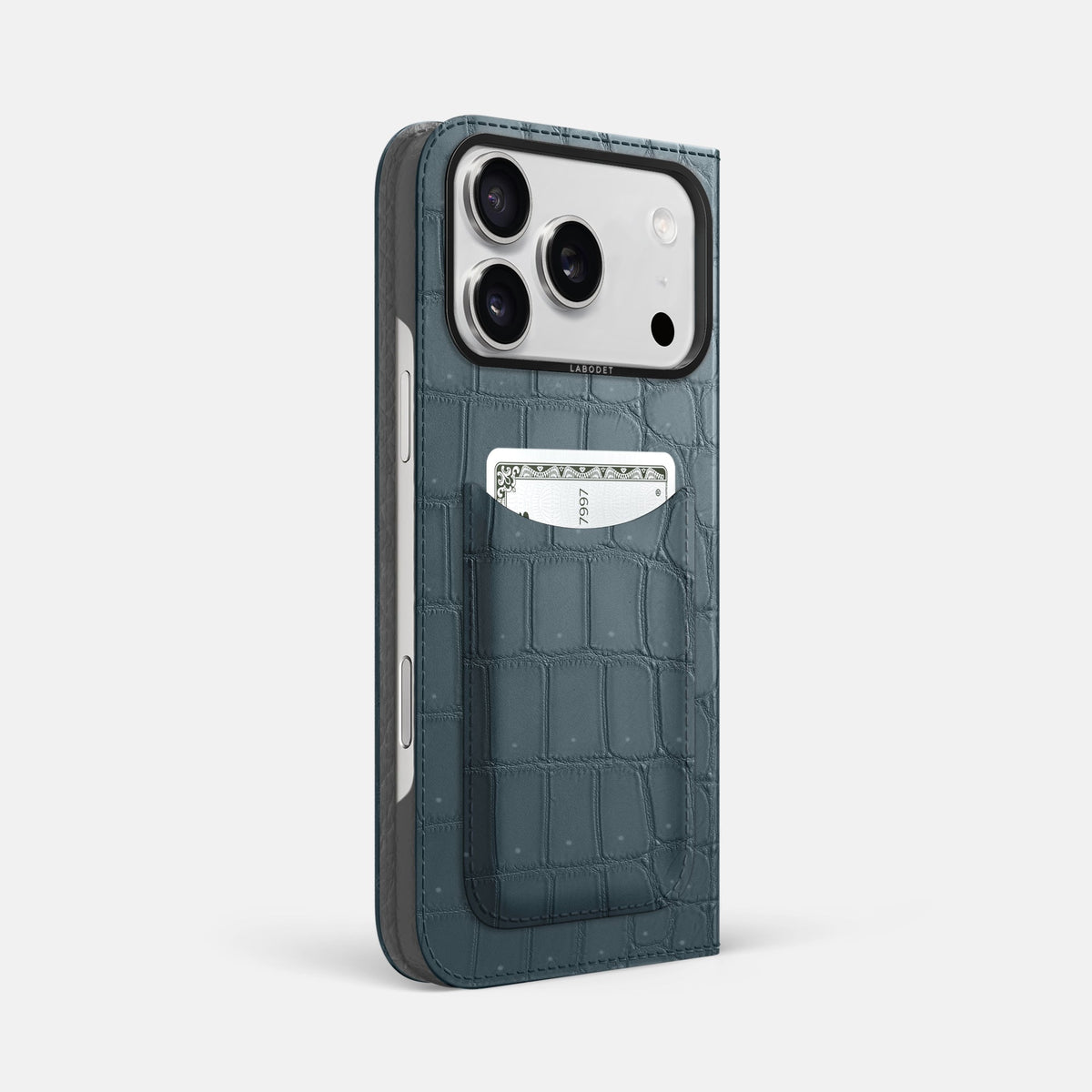 Folio Case with Card For iPhone 18 Pro Max In Porosus Crocodile -1 | Denim-Black
