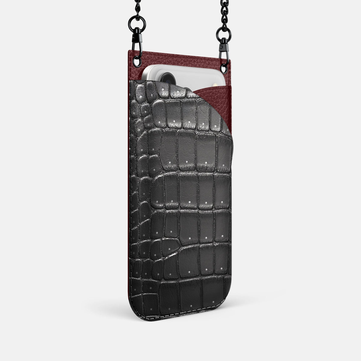 Crossbody Bag For iPhone 18 Pro In Porosus Crocodile -2 | Shiny-Black-Black