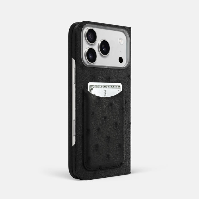 Folio Case with Card For iPhone 18 Pro Max In Ostrich -1 | Black-Steel