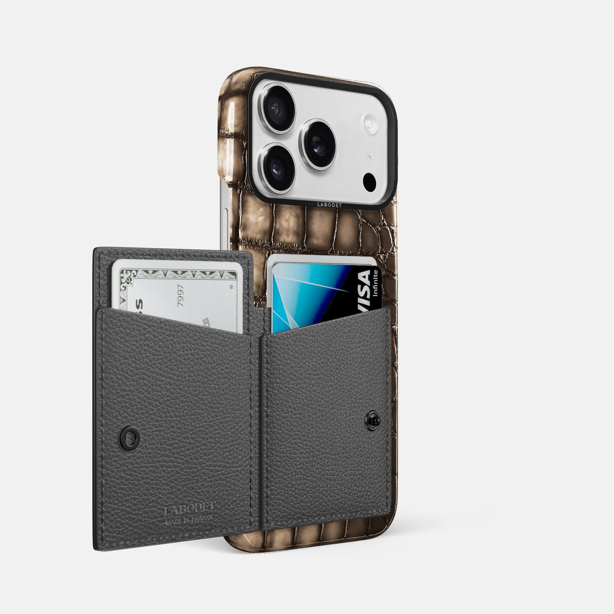 Bi-Fold Case For iPhone 18 Pro Max In Patina Alligator -2 | Etoupe-Black
