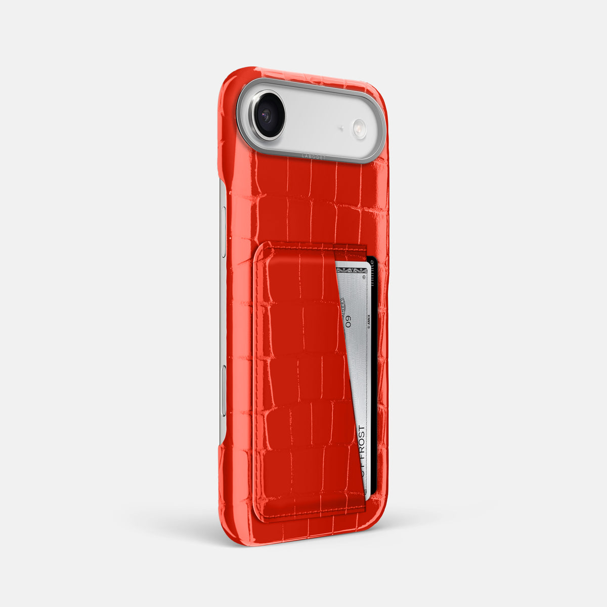 Double Card Case For iPhone 17 Air In Shiny Alligator -2 | Coral-Orange-Steel