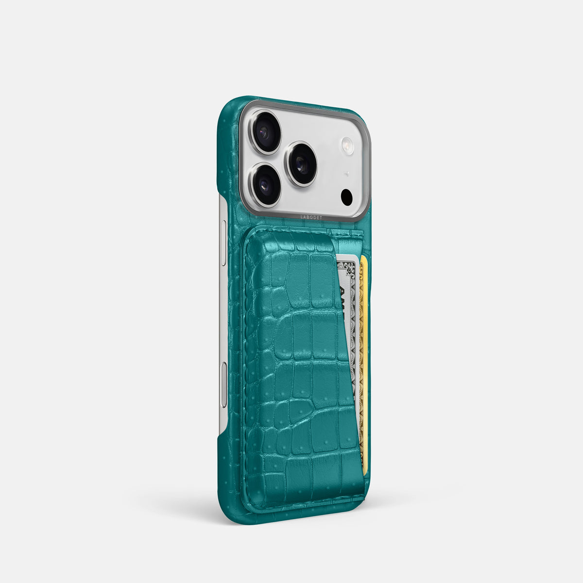Double Card Case For iPhone 17 Pro In Porosus Crocodile -2 | Celadon-Steel