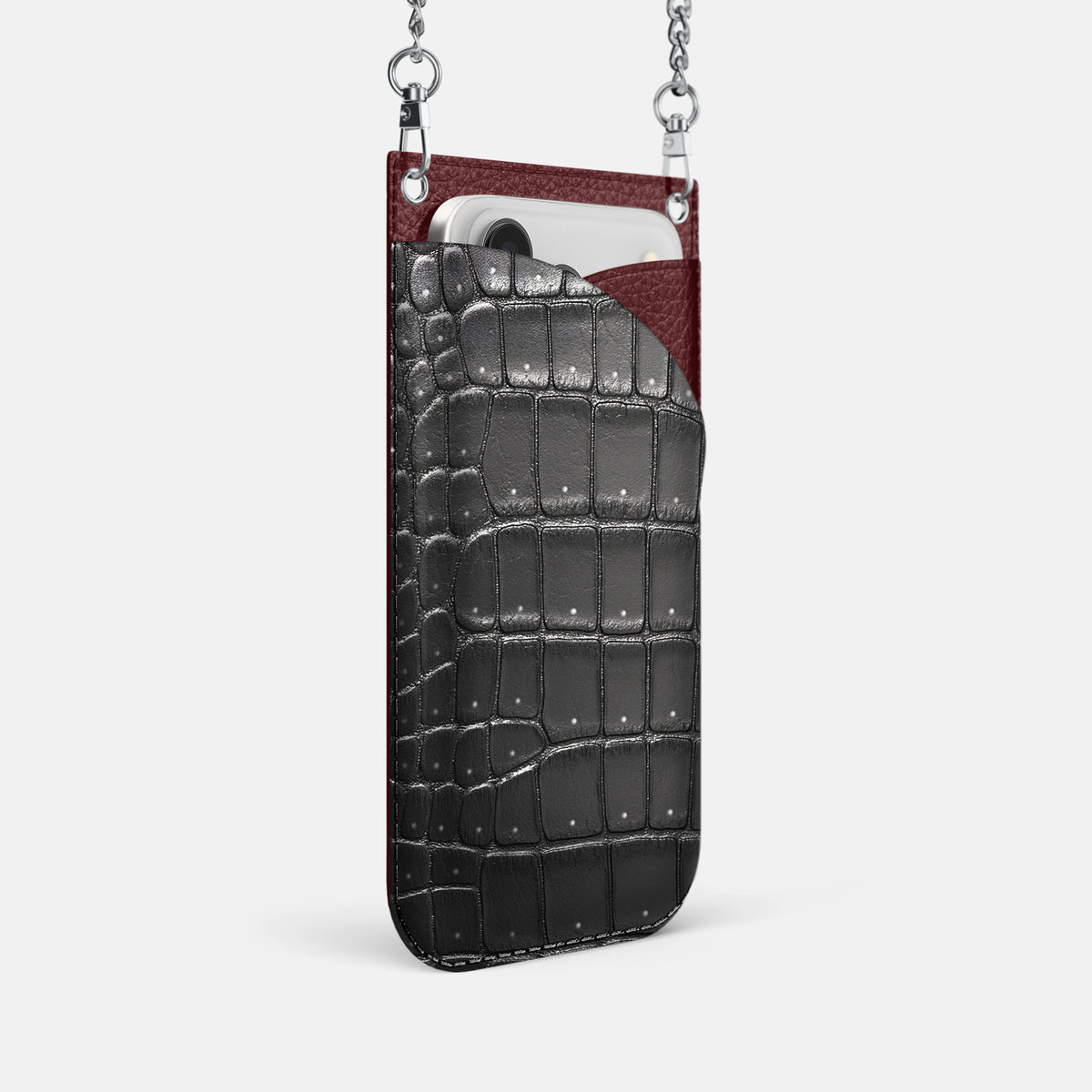 Crossbody Bag For iPhone 17 Pro In Porosus Crocodile -2 | Shiny-Black-Steel