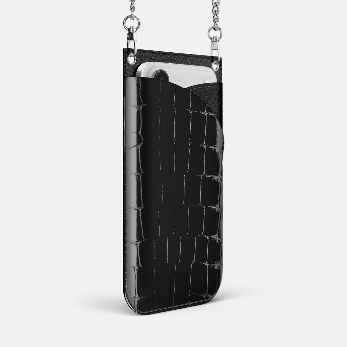 Crossbody Bag For iPhone 17 Air In Shiny Alligator -2 | Black-Steel