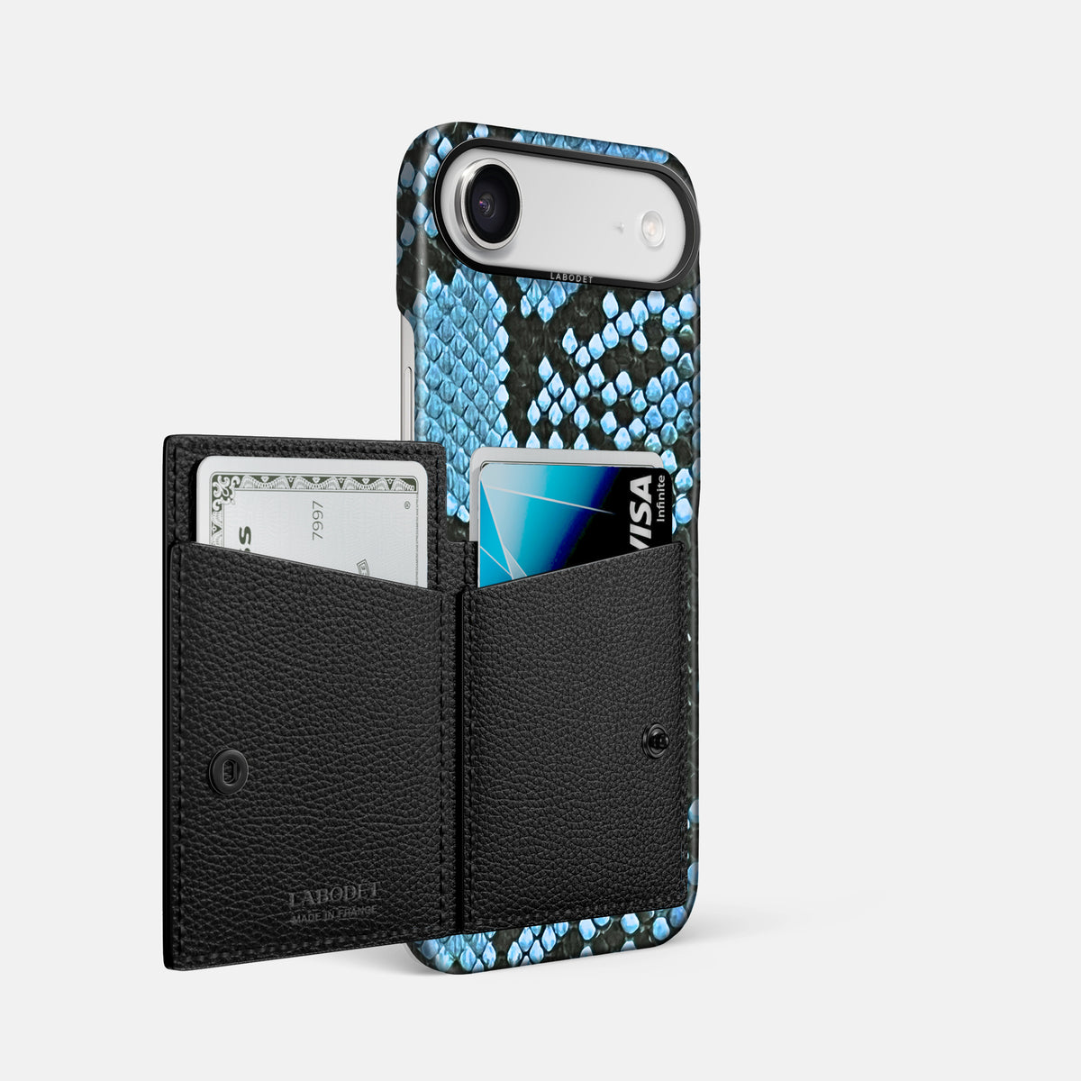 Bi-Fold Case For iPhone 17 Air In Deluxe Python -2 | Pacific-Blue-Black