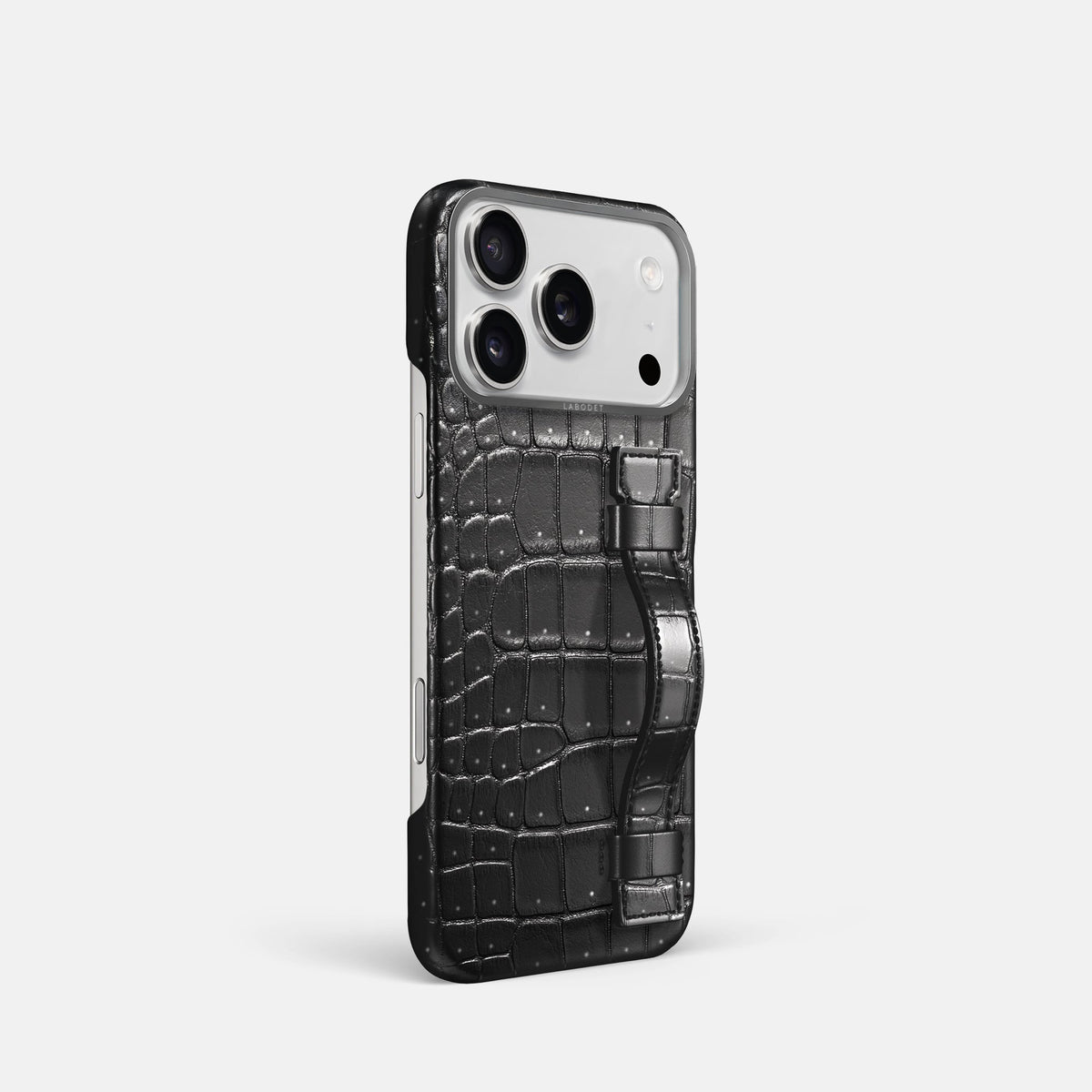 Handle Case For iPhone 18 Pro In Porosus Crocodile -2 | Shiny-Black-Steel