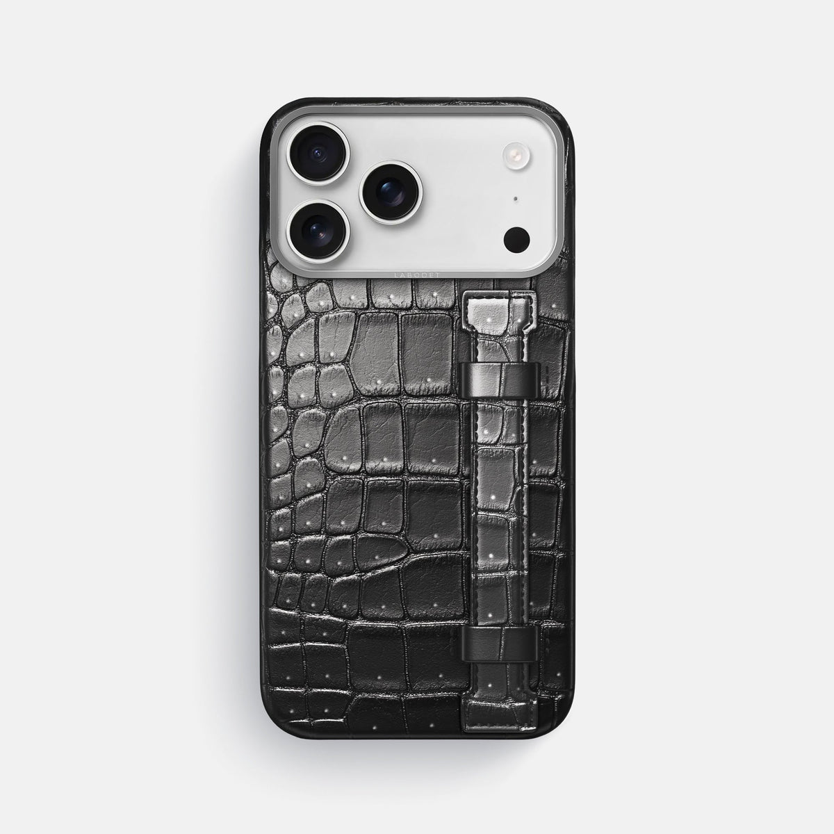 Handle Case For iPhone 18 Pro Max In Porosus Crocodile -1 | Shiny-Black-Steel