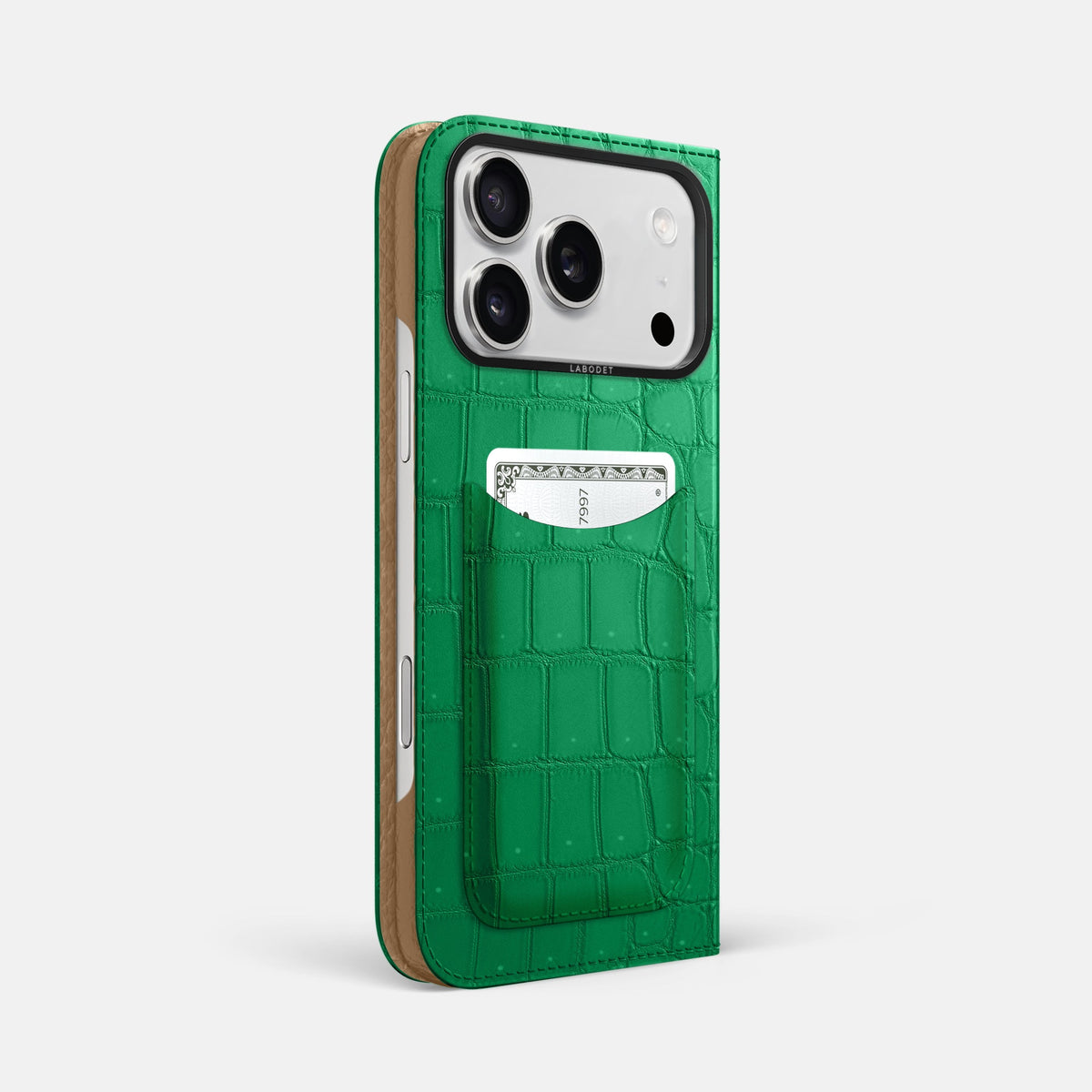 Folio Case with Card For iPhone 18 Pro Max In Porosus Crocodile -1 | Cactus-Green-Black