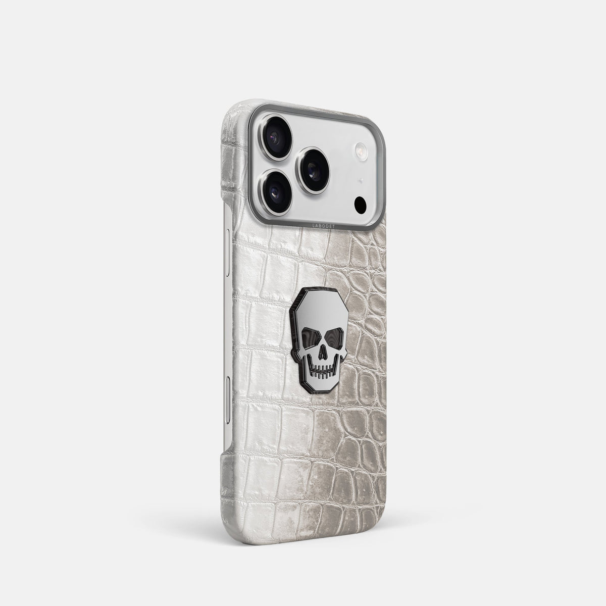 Classic Case With Titanium Skull For iPhone 18 Pro In Himalayan Crocodile -2 | Grey-Steel