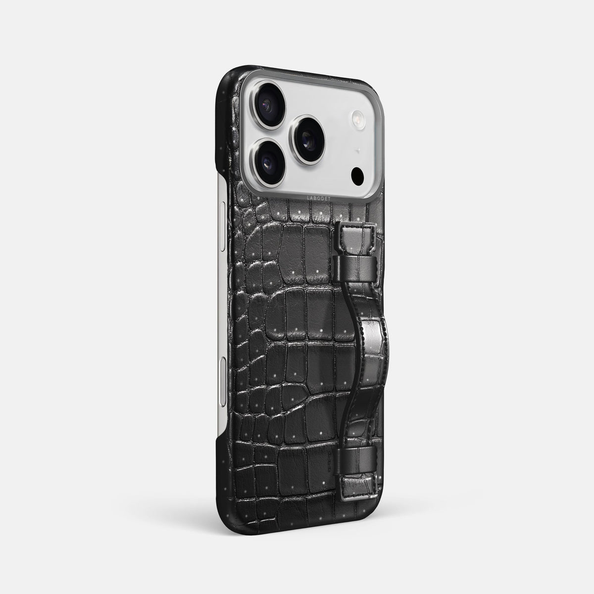 Handle Case For iPhone 18 Pro Max In Porosus Crocodile -2 | Shiny-Black-Steel