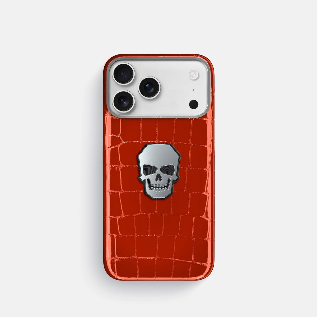 Classic Case With Titanium Skull For iPhone 18 Pro In Shiny Alligator -1 | Orange-Steel