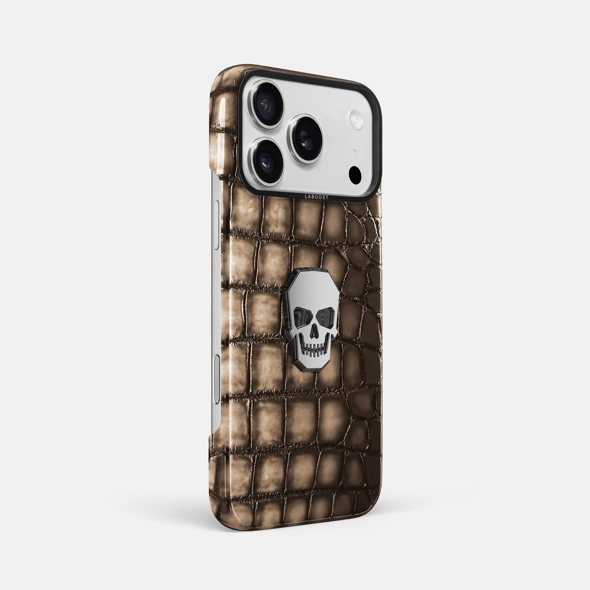 Classic Case With Titanium Skull For iPhone 18 Pro Max In Patina Alligator -2 | Etoupe-Black