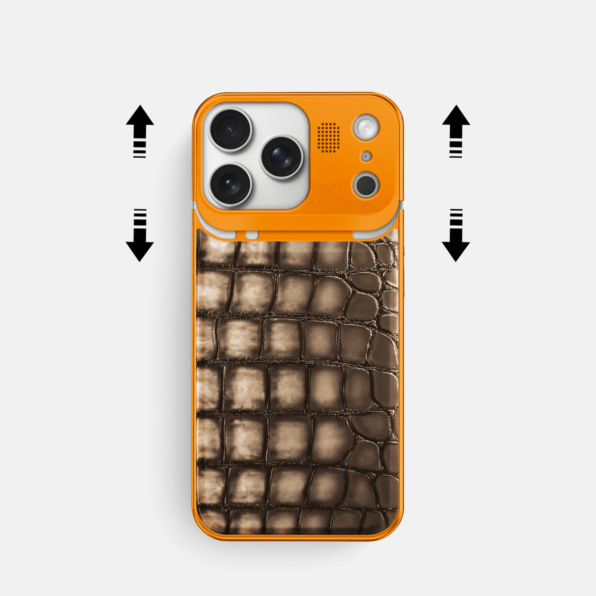 Metal Case For iPhone 17 Pro In Patina Alligator -2 | Etoupe-Orange
