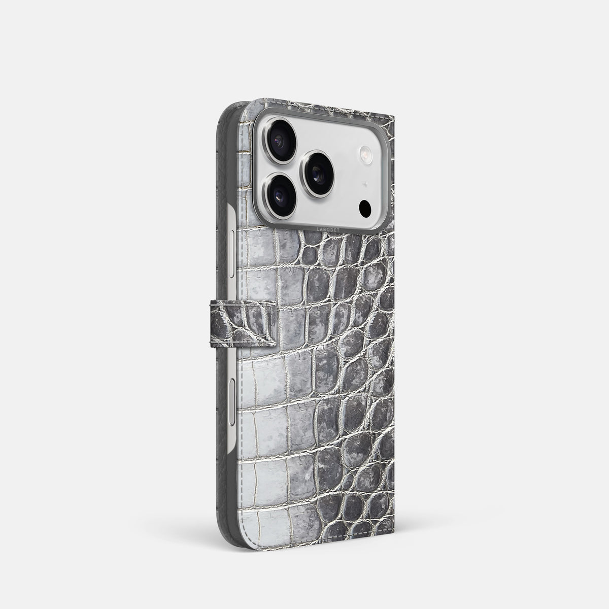 Folio Case with Clasp For iPhone 17 Pro In Himalayan Crocodile -1 | Silver-Steel