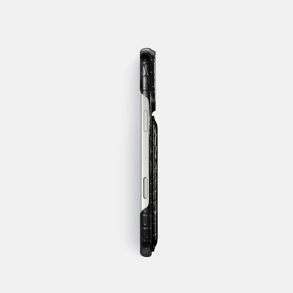 Double Card Case For iPhone 18 Pro In Porosus Crocodile -3 | Shiny-Black-Steel