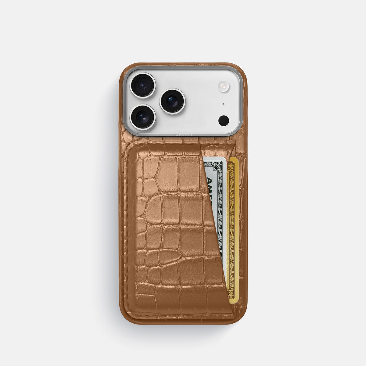 Double Card Case For iPhone 17 Pro In Porosus Crocodile -1 | Milk-Chocolate-Steel