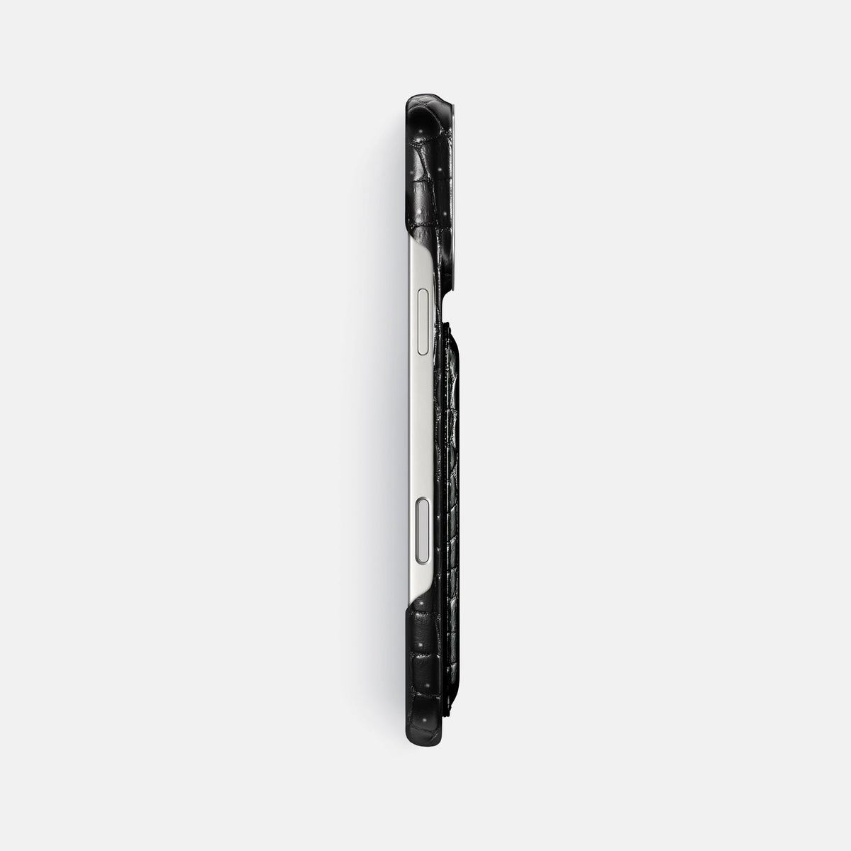 Double Card Case For iPhone 18 Pro Max In Porosus Crocodile -3 | Shiny-Black-Steel