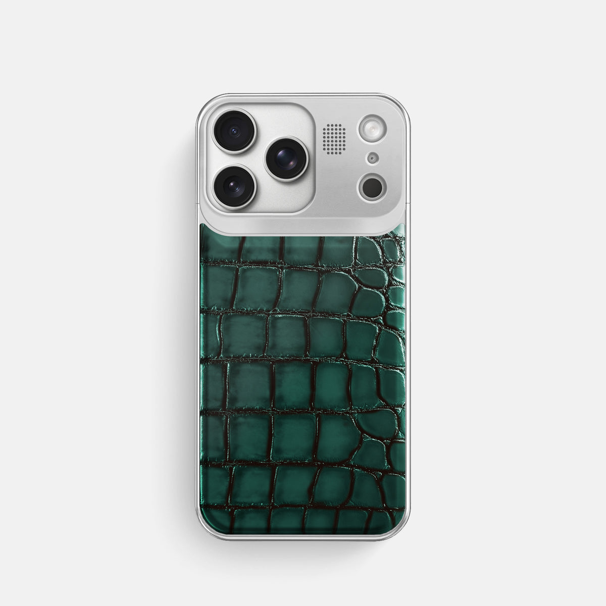 Metal Case For iPhone 17 Pro In Patina Alligator -1 | Green-Steel