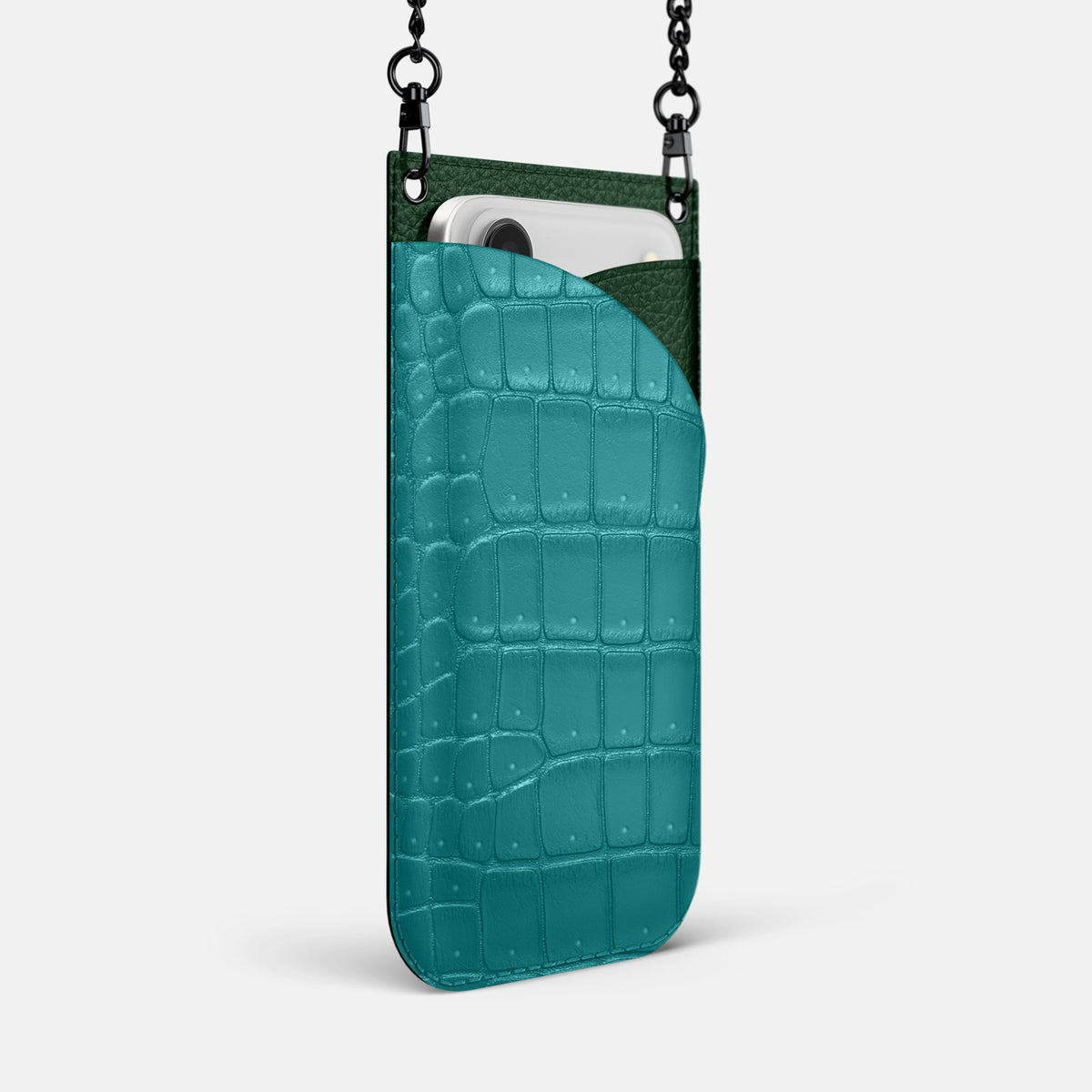 Crossbody Bag For iPhone 17 Air In Porosus Crocodile -2 | Celadon-Black