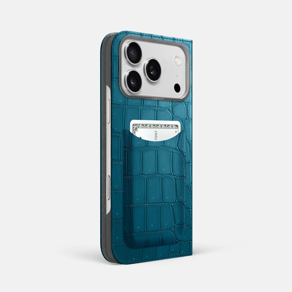 Folio Case with Card For iPhone 18 Pro Max In Porosus Crocodile -1 | Turquoise-Steel