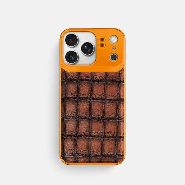 Metal Case For iPhone 17 Pro In Patina Alligator -1 | Baobab-Orange