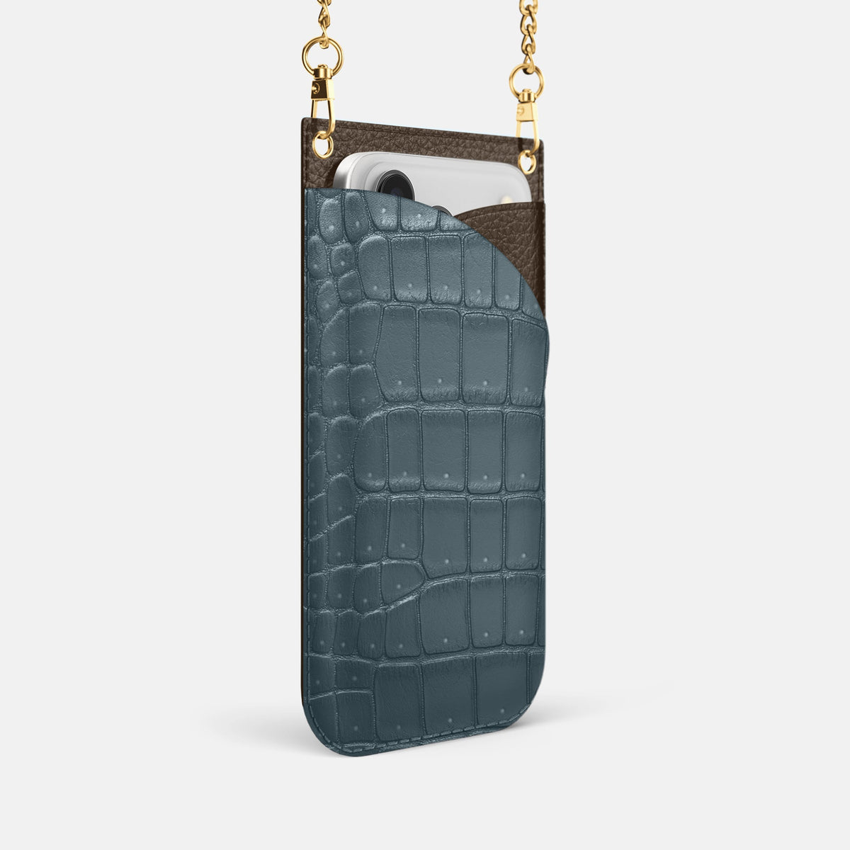 Crossbody Bag For iPhone 18 Pro In Porosus Crocodile -2 | Denim-Gold