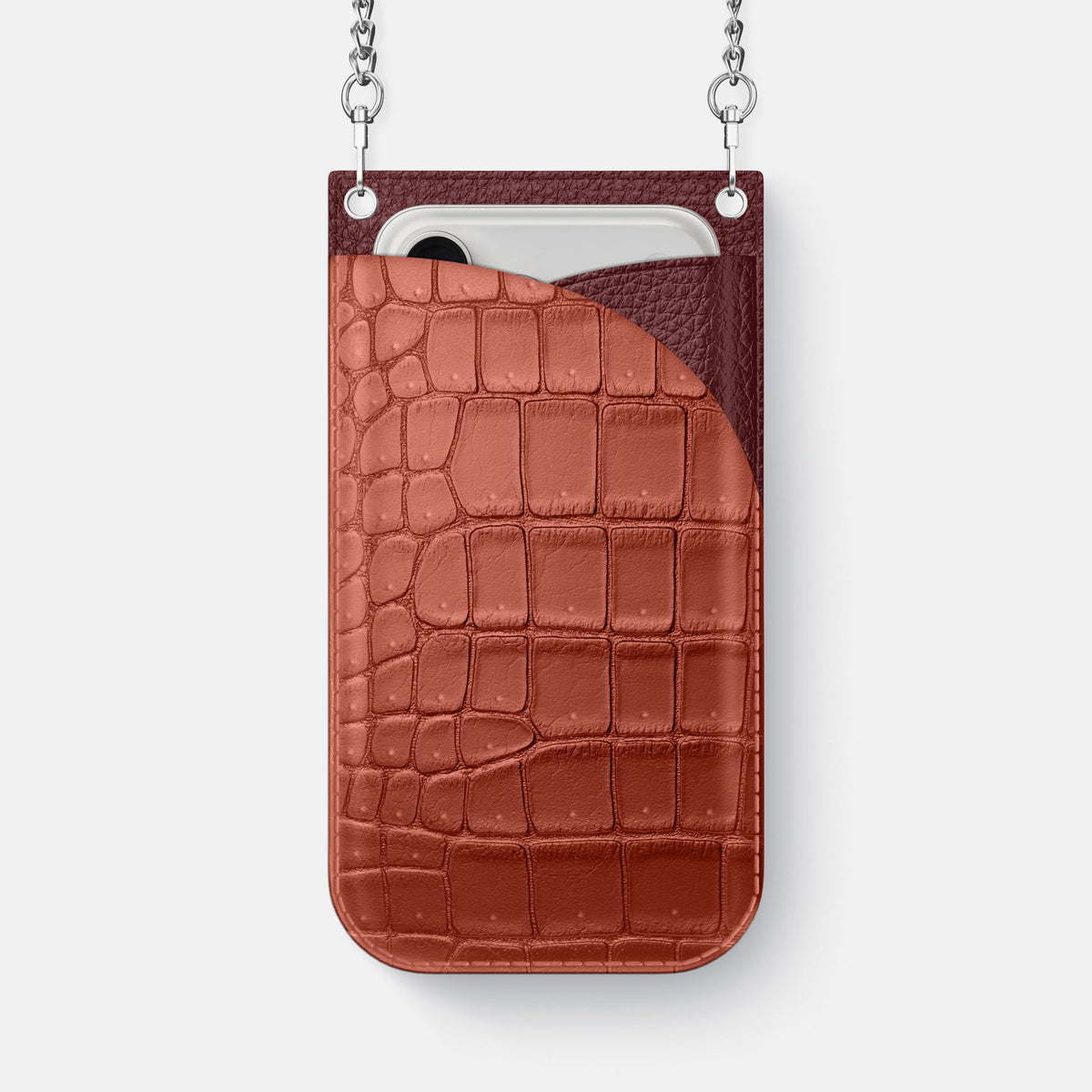 Crossbody Bag For iPhone 18 Pro Max In Porosus Crocodile -1 | Mahogany-Brown-Steel