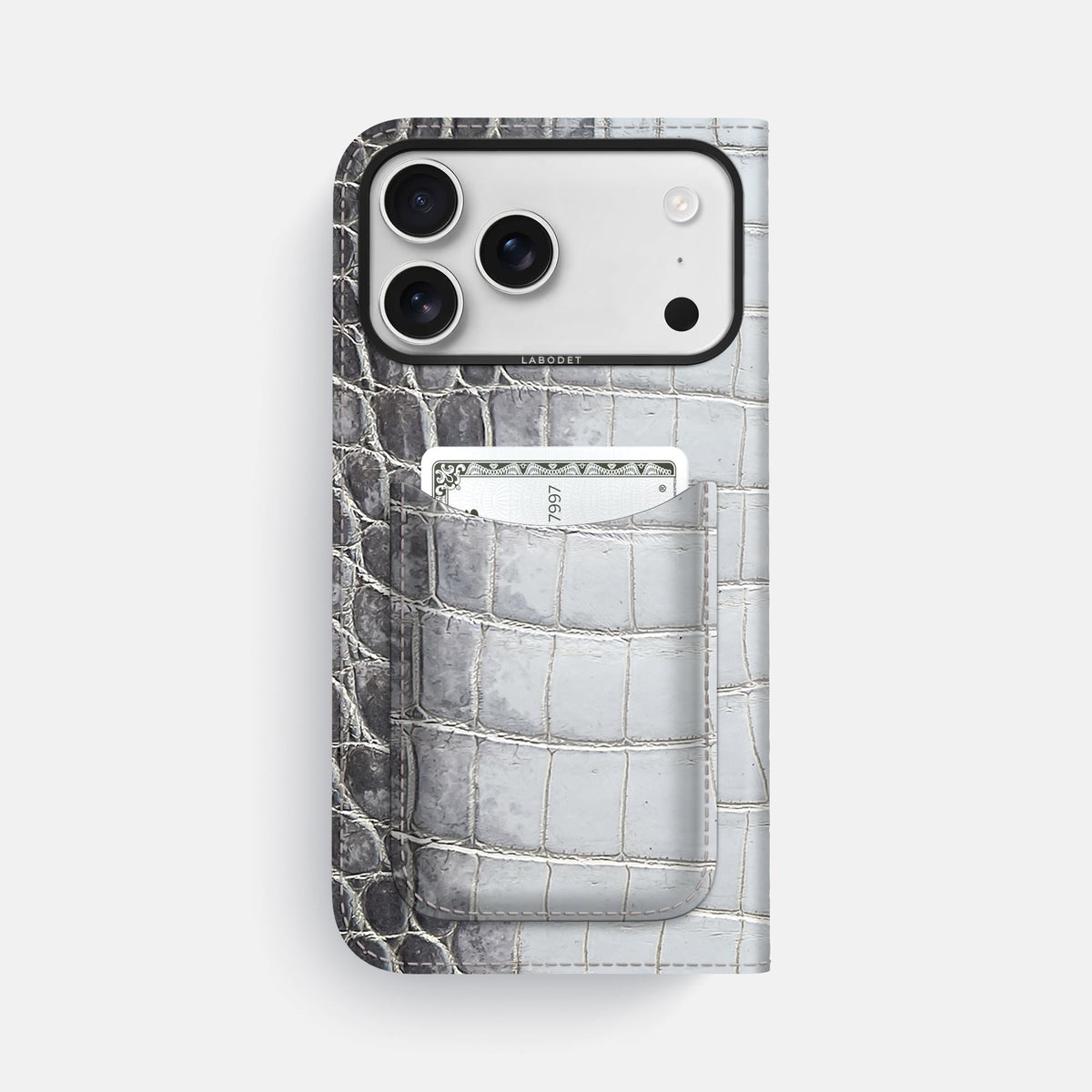 Folio Case with Card For iPhone 18 Pro Max In Himalayan Crocodile -3 | Silver-Black