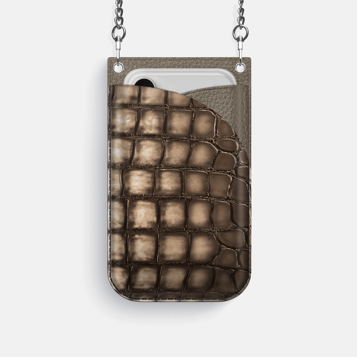 Crossbody Bag For iPhone 18 Pro In Patina Alligator -1 | Etoupe-Steel