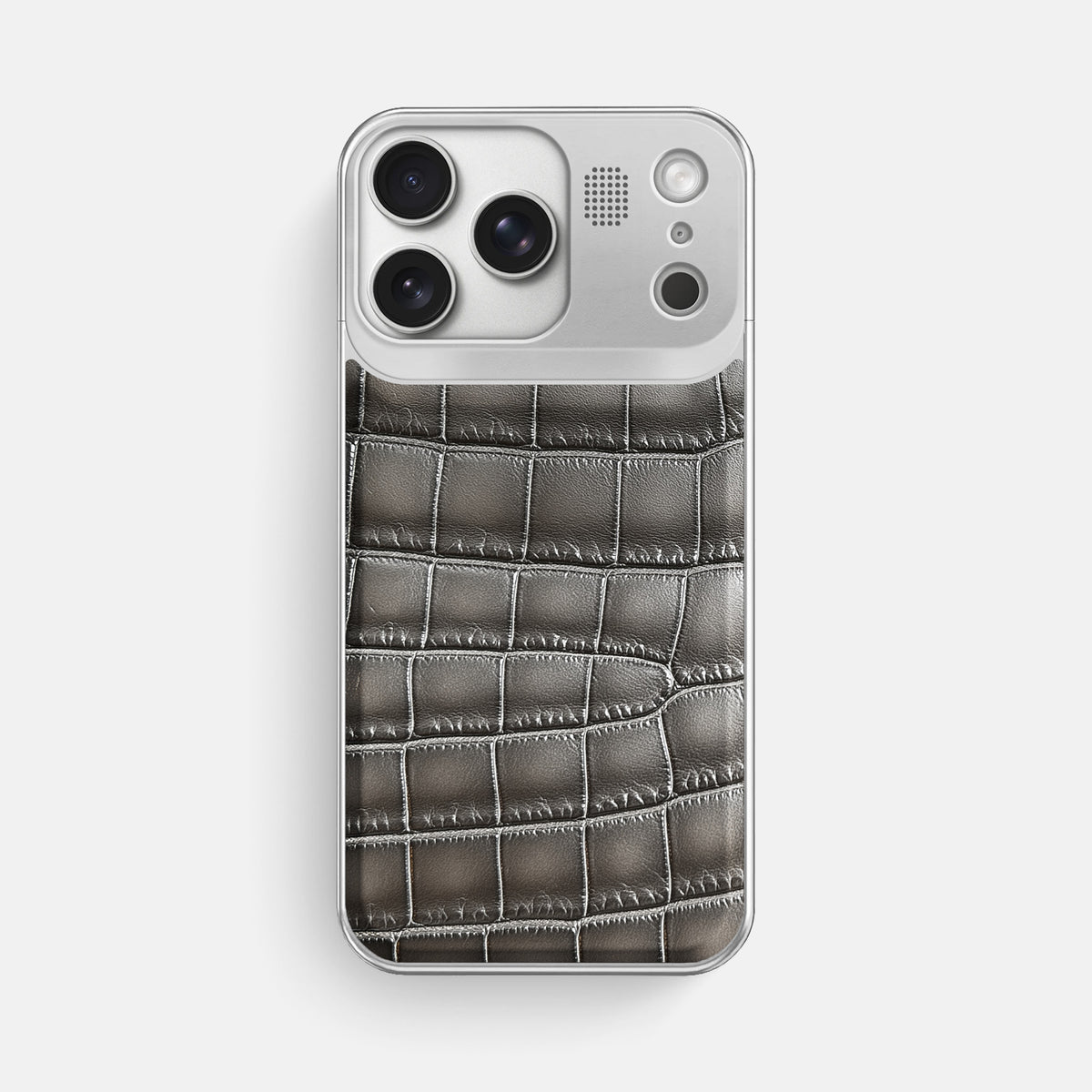 Metal Case For iPhone 17 Pro Max In Patina Alligator -1 | Grey-Steel