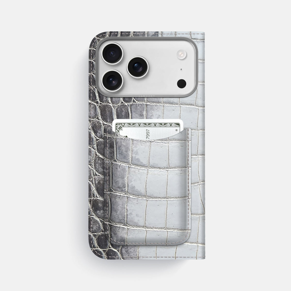Folio Case with Card For iPhone 18 Pro Max In Himalayan Crocodile -3 | Silver-Steel