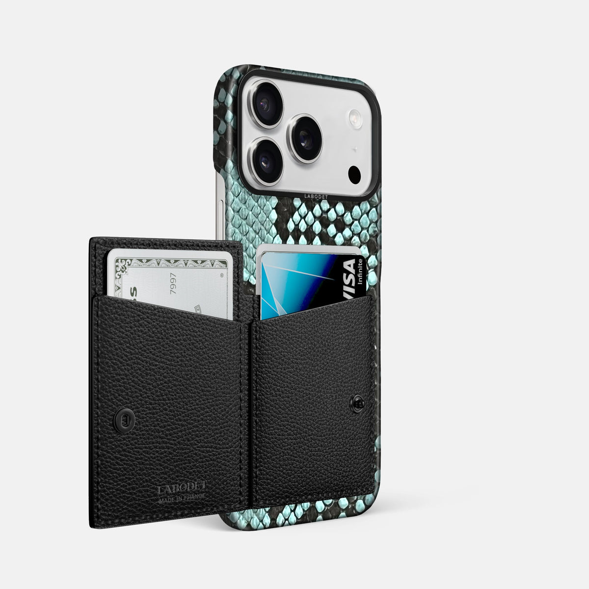 Bi-Fold Case For iPhone 18 Pro Max In Deluxe Python -2 | Blue-Lagoon-Black