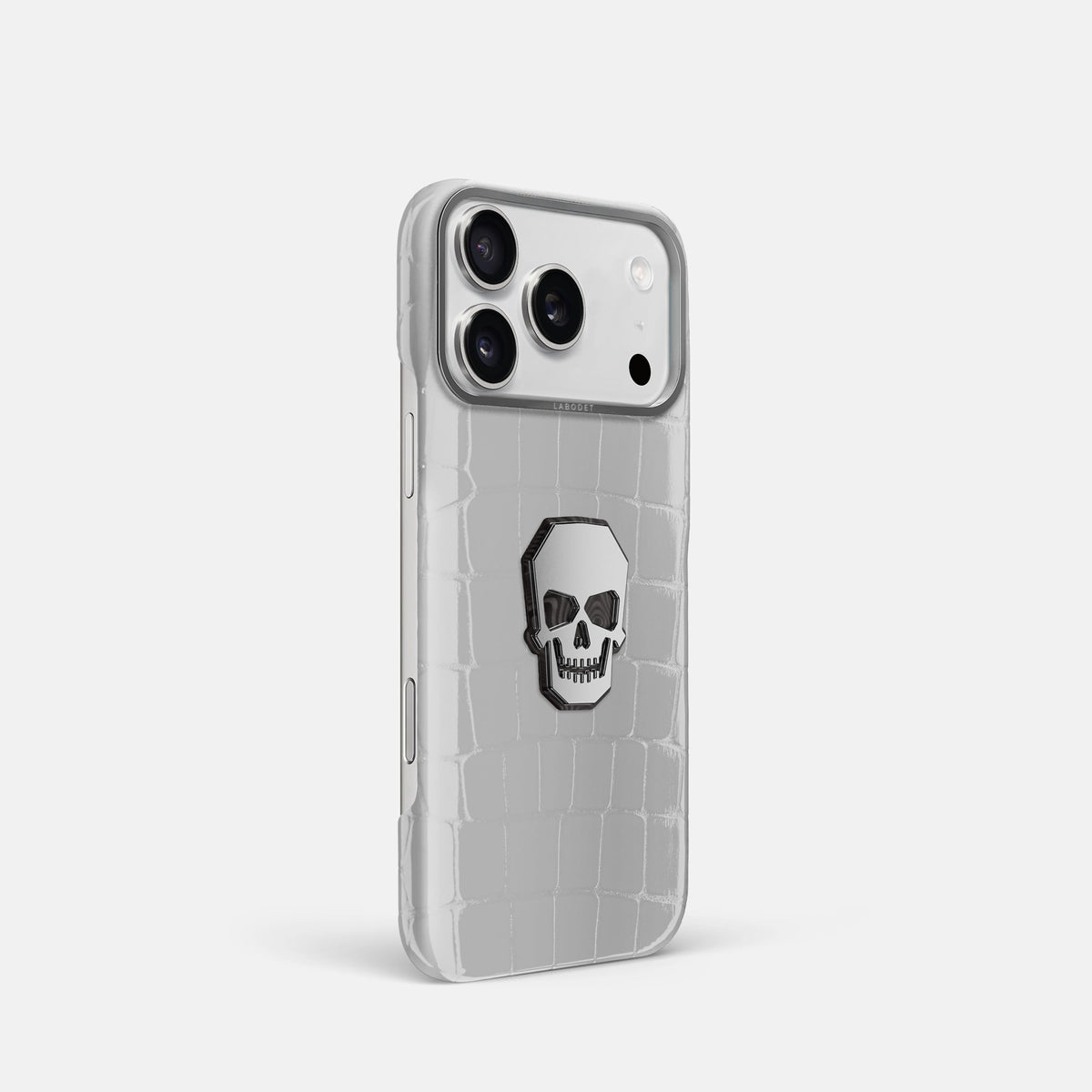 Classic Case With Titanium Skull For iPhone 18 Pro In Shiny Alligator -2 | White-Steel