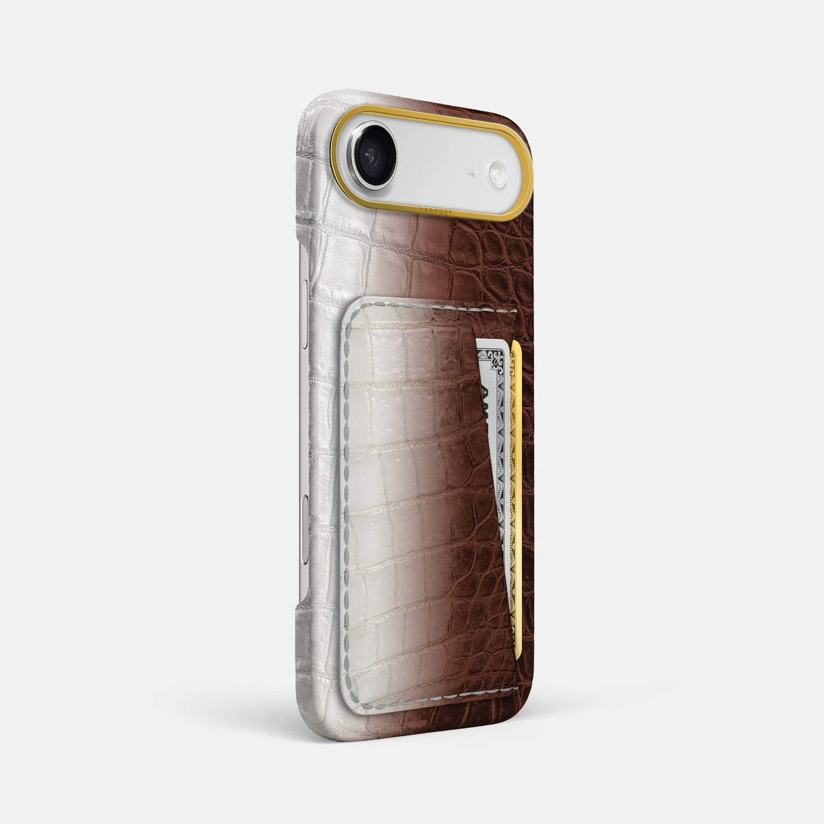 Double Card Case For iPhone 17 Air In Himalayan Crocodile -2 | Dark-Brown-Gold