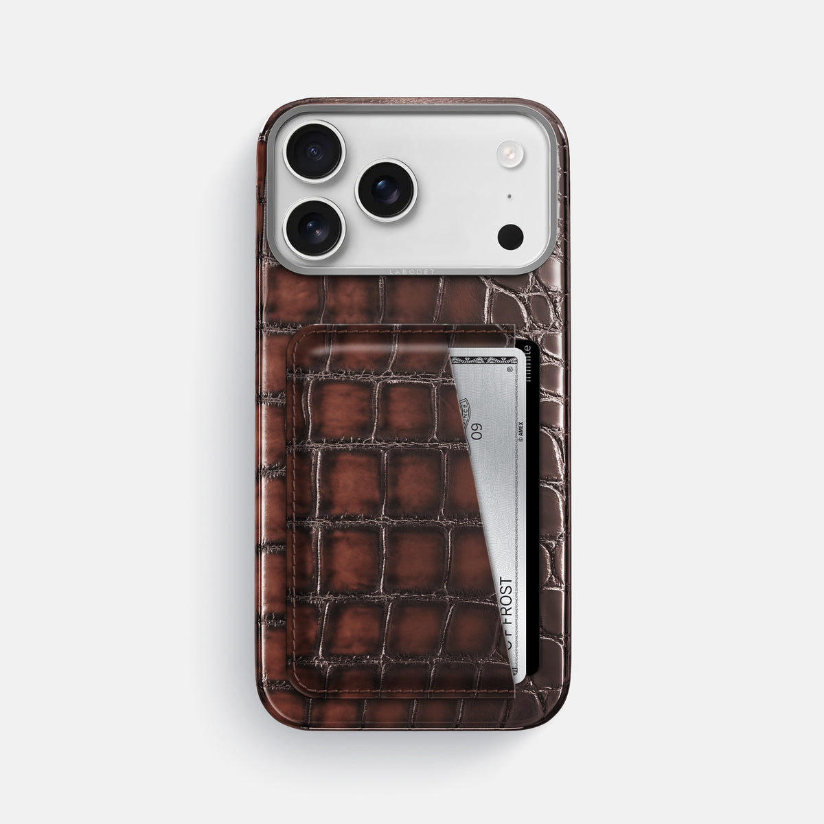 Double Card Case For iPhone 17 Pro Max In Patina Alligator -1 | Havana-Brown-Steel