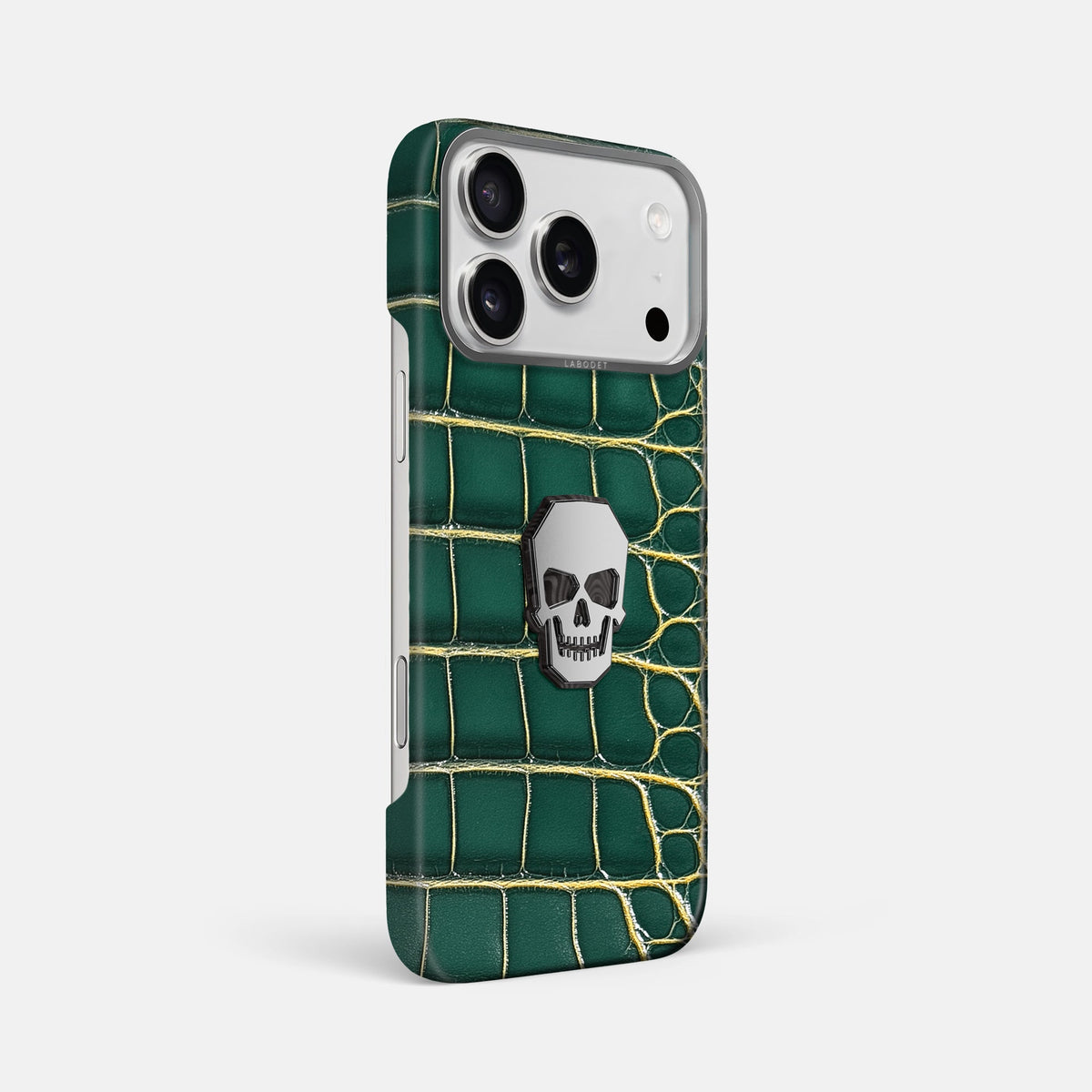 Classic Case With Titanium Skull For iPhone 18 Pro Max In Patina Alligator -2 | Cambridge-Steel