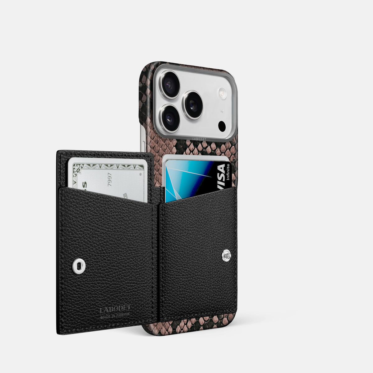 Bi-Fold Case For iPhone 18 Pro In Deluxe Python -2 | Mahogany-Brown-Steel
