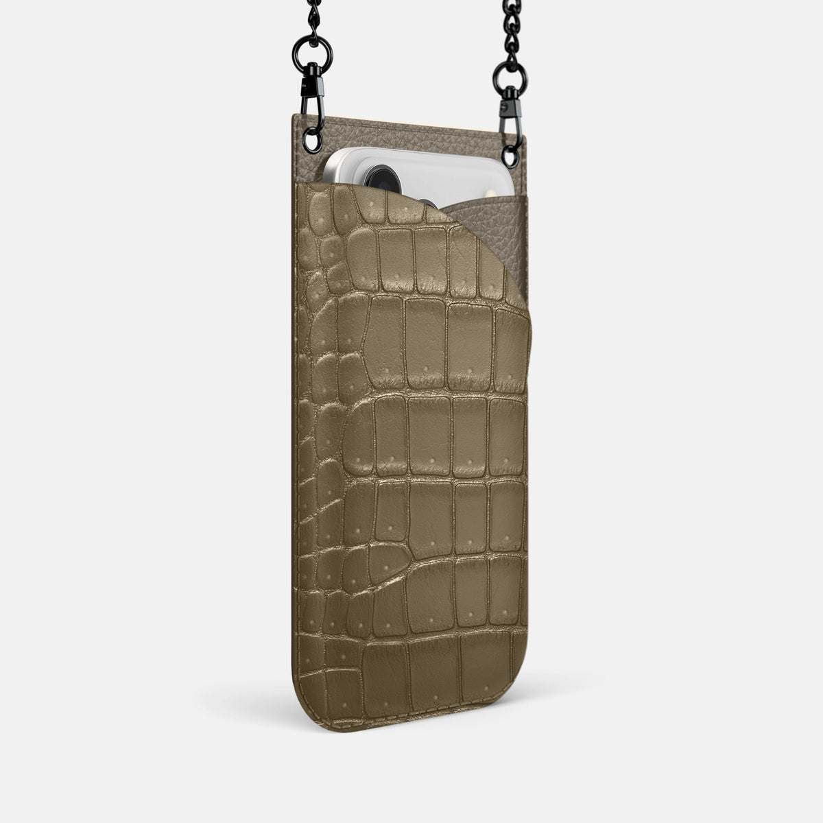 Crossbody Bag For iPhone 18 Pro In Porosus Crocodile -2 | Kaki-Green-Black