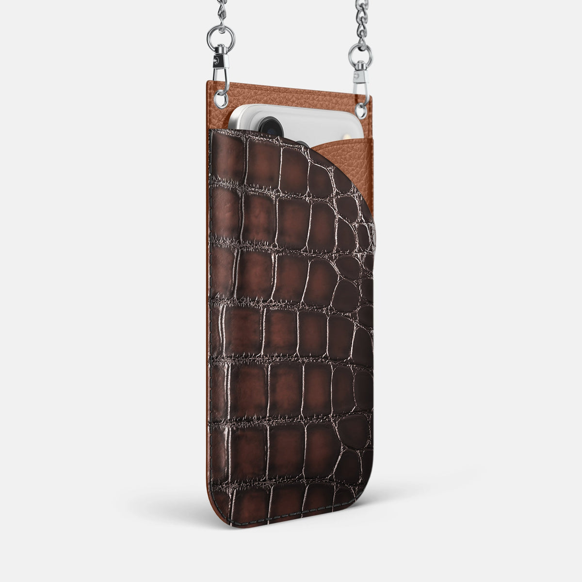 Crossbody Bag For iPhone 18 Pro Max In Patina Alligator -2 | Havana-Brown-Steel