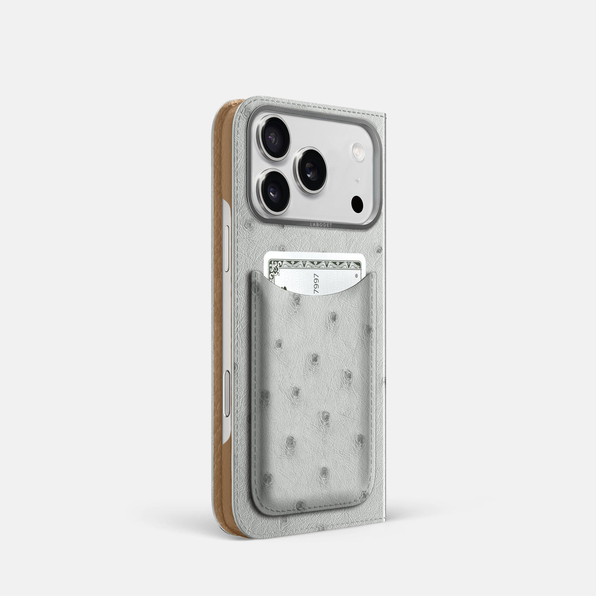 Folio Case with Card For iPhone 18 Pro In Ostrich -1 | White-Steel