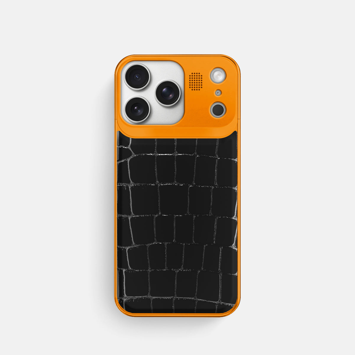 Metal Case For iPhone 17 Pro In Shiny Alligator -1 | Black-Orange