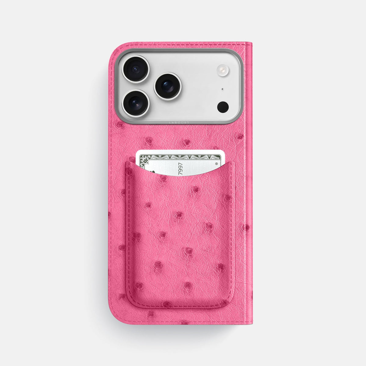 Folio Case with Card For iPhone 18 Pro Max In Ostrich -3 | Pink-Steel