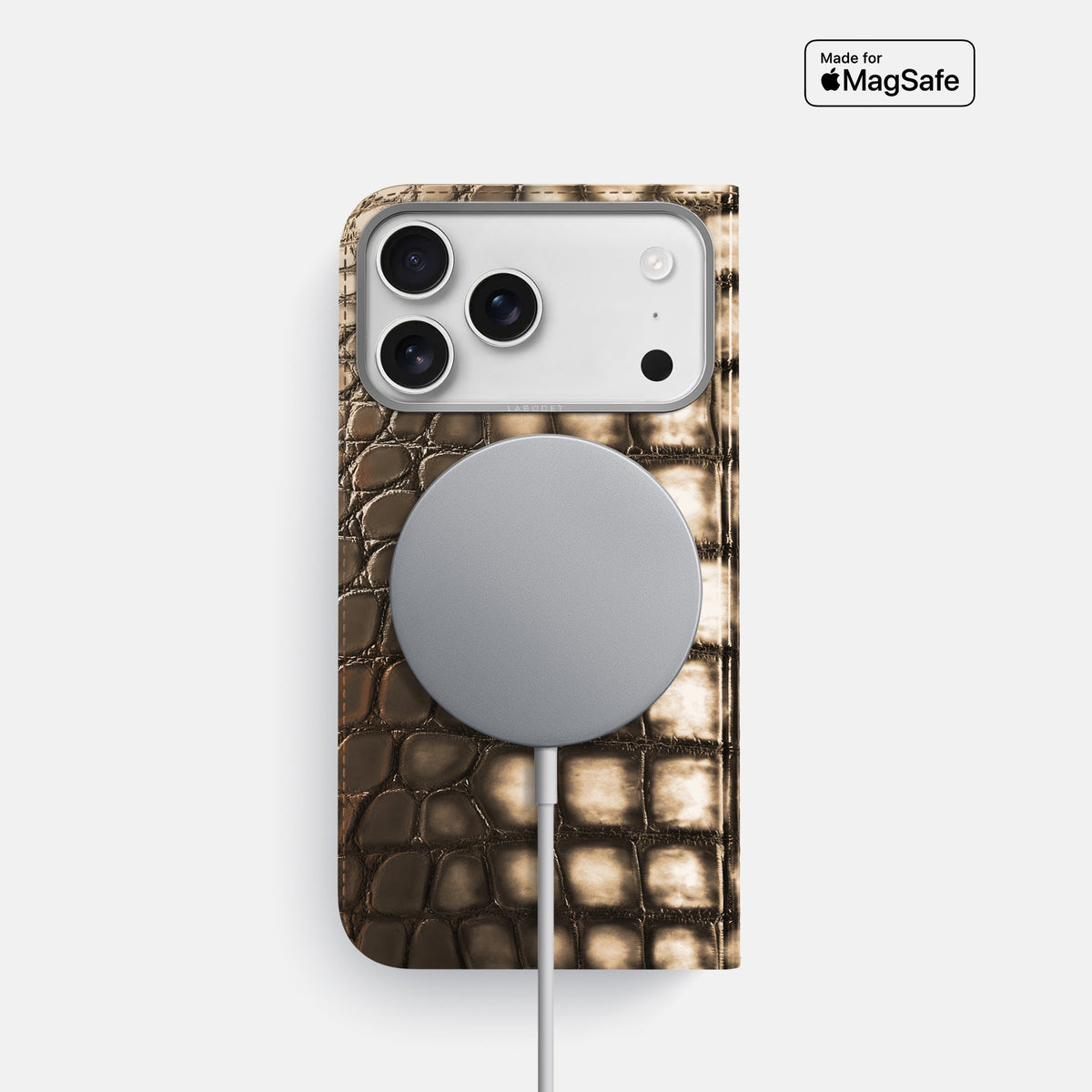 Folio Case For iPhone 18 Pro In Patina Alligator -3 | Etoupe-Steel