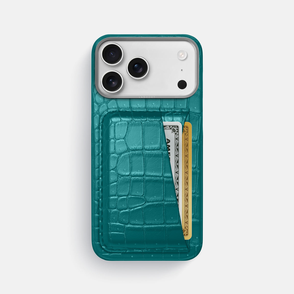 Double Card Case For iPhone 17 Pro Max In Porosus Crocodile -1 | Celadon-Steel