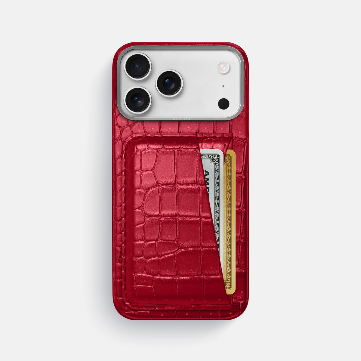 Double Card Case For iPhone 17 Pro Max In Porosus Crocodile -1 | Burgundy-Steel